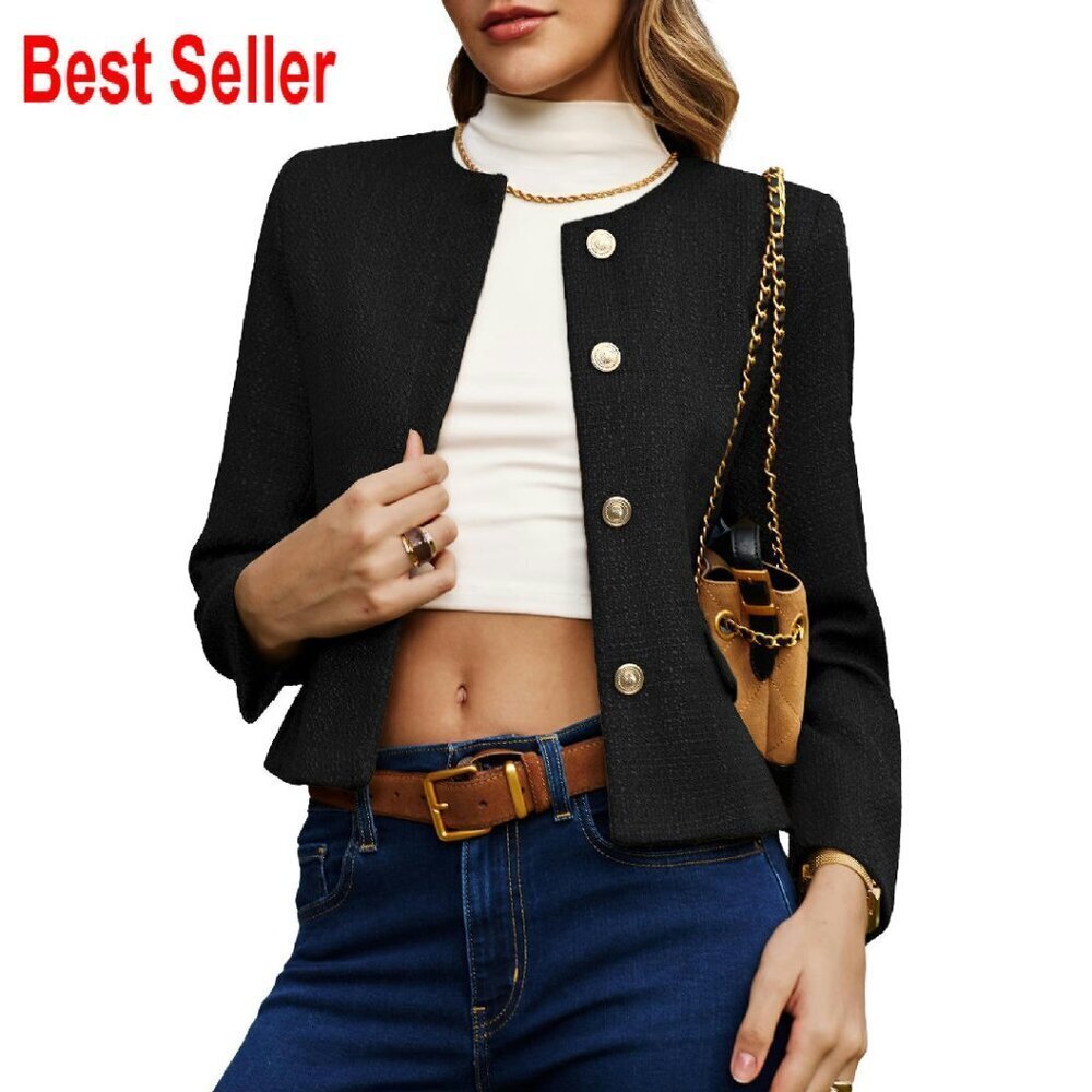 Cropped Tweed Blazer Collarless Button Down Jacket Business Casual Chic